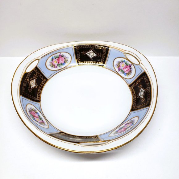 Noritake Art Deco Three Handle Serving Bowl Hand Painted Panels Gold Gilt M Mark
